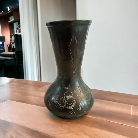 Other - Vintage Solid Brass Bud Vase Miniature 3.25” Etched Floral Design Made in India